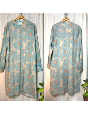 ASOS Linen Blend Long Sleeve Shirt Tunic Dress Blue Peach Floral 3XL